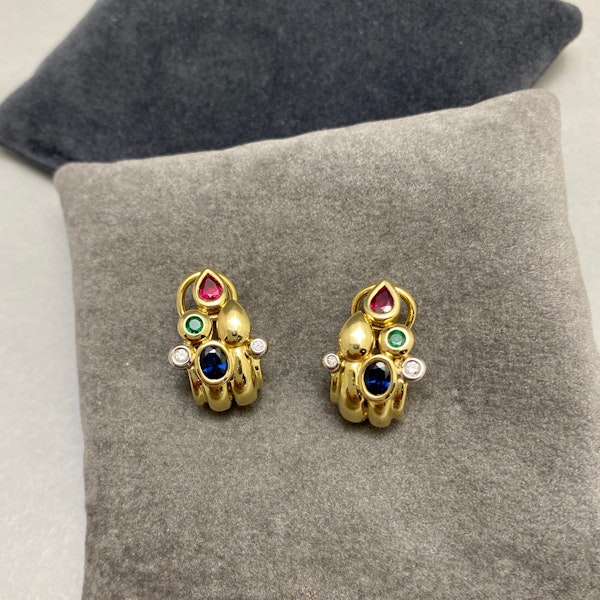 Ruby Emerald Sapphire Diamond Earrings in 9ct Gold date circa 1990, SHAPIRO & Co since1979 - image 4