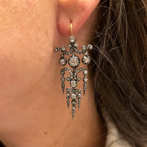 Antique Diamond and Silver Upon Gold Drop Earrings, Circa 1850 - image 5