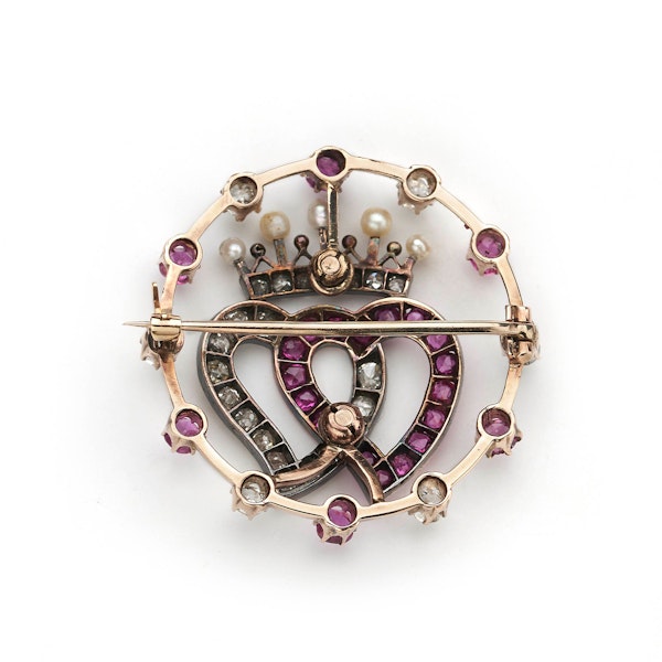 Antique Ruby Diamond Pearl Gold And Silver Luckenbooth Heart Crown And Circle Brooch, Circa 1910 - image 3