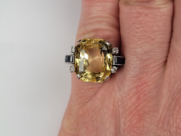 Art deco natural yellow sapphire, diamond and blue sapphire ring Sku 5397  DBGEMS - image 3