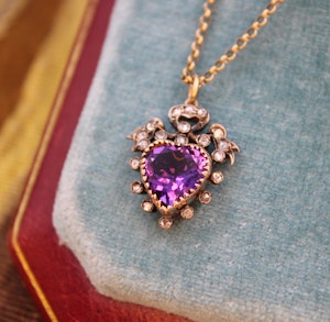 Downstairs at Grays: A Victorian Amethyst & Diamond heart pendant set in High Carat Yellow Gold & Silver, English, Circa 1880
