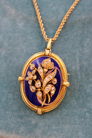 Downstairs at Grays: A Victorian Cobalt Blue Enamel & Diamond Floral Design Pendant set in 18ct Yellow Gold, English, Circa 1860