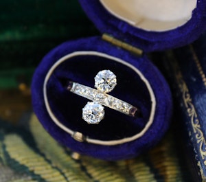 A very fine Two Stone Diamond Engagement Ring, set in 18ct Yellow Gold & Platinum, English. Circa 1930