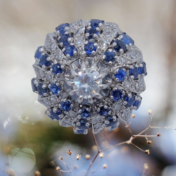 French Vintage Puffball Sapphire and Diamond Platinum Ring - image 1