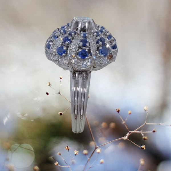 French Vintage Puffball Sapphire and Diamond Platinum Ring - image 2