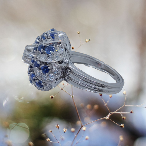 French Vintage Puffball Sapphire and Diamond Platinum Ring - image 4