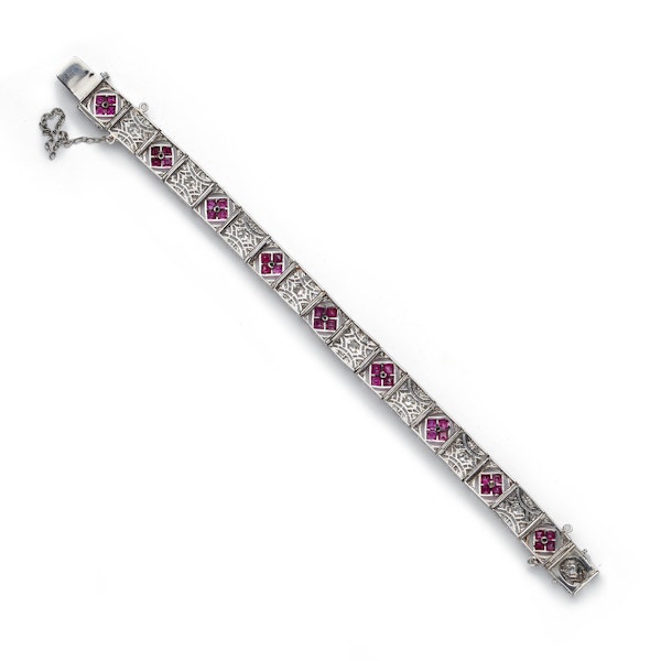 1930's Antique Charm Bracelet Platinum Diamonds Sapphire Rubies
