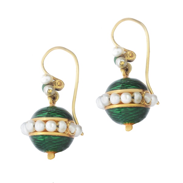 A Pair of Green Enamel Pearl Earrings - image 2