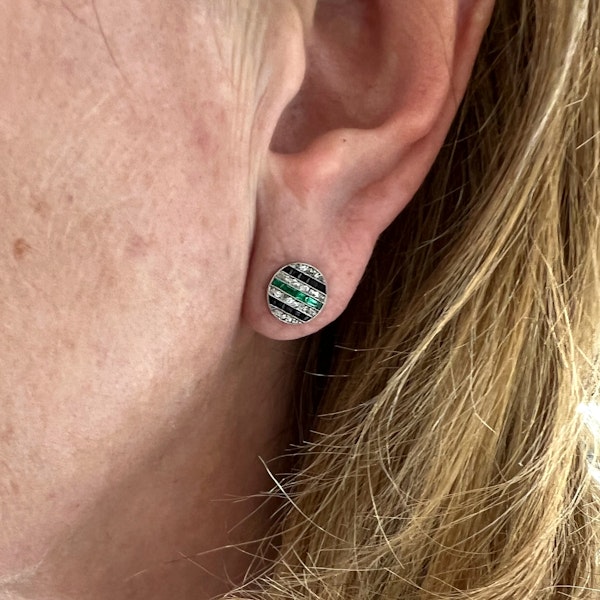 Art Deco Diamond, Black Onyx And Emerald Stud Earrings - image 4