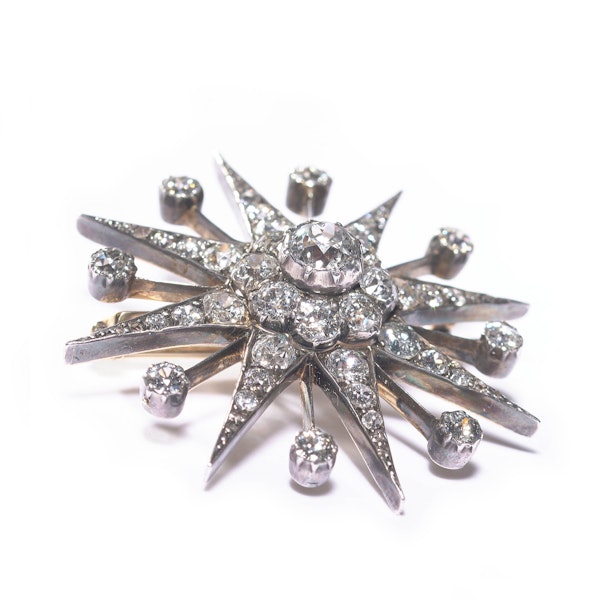 Antique Diamond and Silver Upon Gold Eight Ray Star Brooch, Circa 1890 - image 2