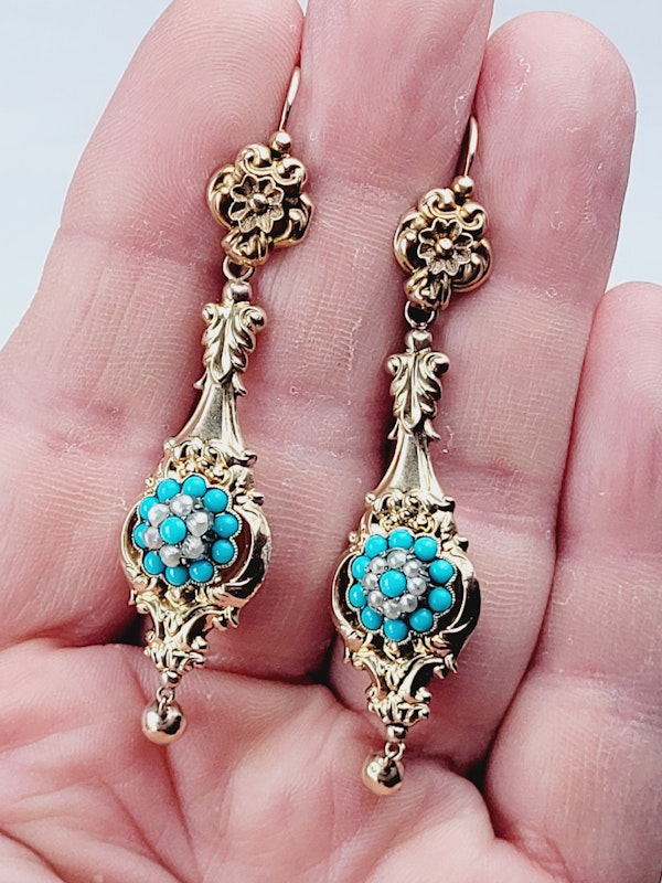 Antique gold pearl and turquoise drop earrings SKU: 5685 DBGEMS - image 2