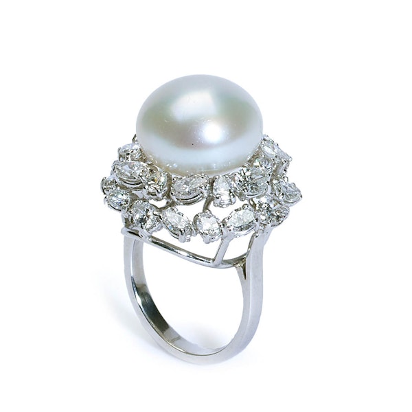 Vintage South Sea Pearl Diamond And Platinum Ring, With Modern Shank, Circa 1965 - image 2