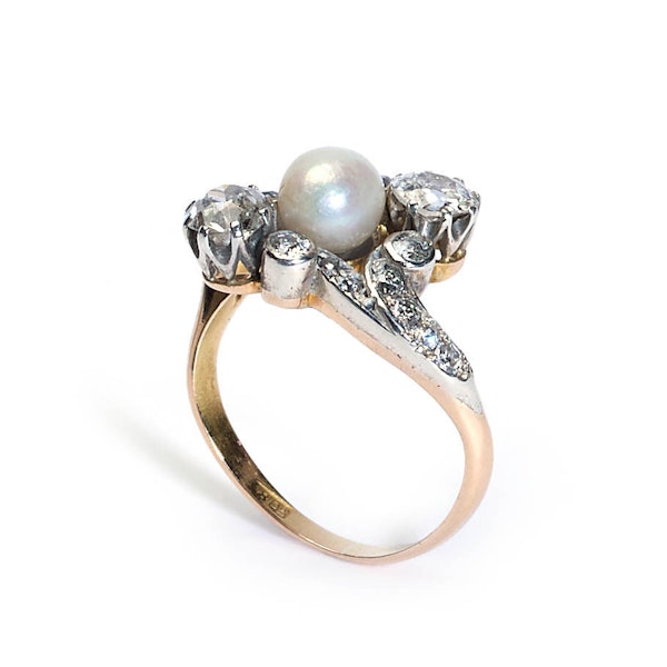 Antique Natural Pearl, Diamond And Silver Upon Gold Crossover Ring, Circa 1910 - image 2