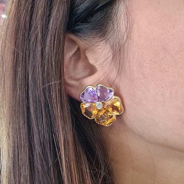Harvey & Gore Amethyst, Citrine, Diamond And Gold Pansy Earrings, 1973 - image 5