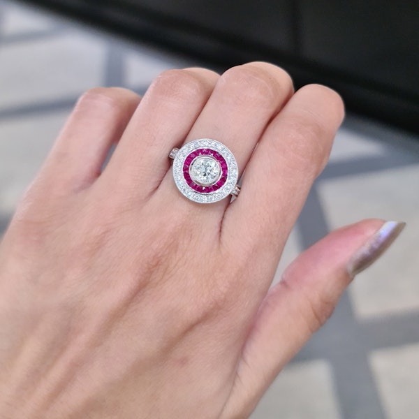 Modern Art Deco Style Ruby, Diamond and Platinum Target Cluster Ring 0.93 Carats - image 4