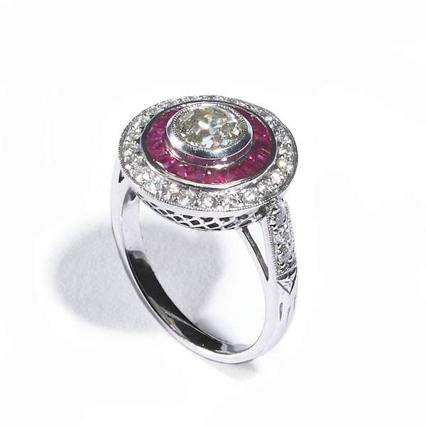 Modern Art Deco Style Ruby, Diamond and Platinum Target Cluster Ring 0.93 Carats - image 2