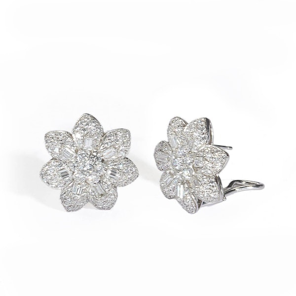 Modern Diamond And Platinum Flower Earrings, 2.75ct - image 2