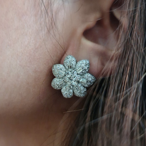 Modern Diamond And Platinum Flower Earrings, 2.75ct - image 4