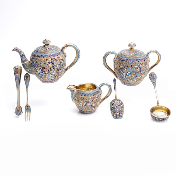 Russian silver guild and cloisonné enamel tea set, Moscow, circa 1890s. - image 2