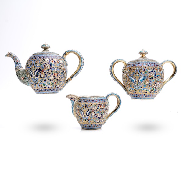 Russian silver guild and cloisonné enamel tea set, Moscow, circa 1890s. - image 5
