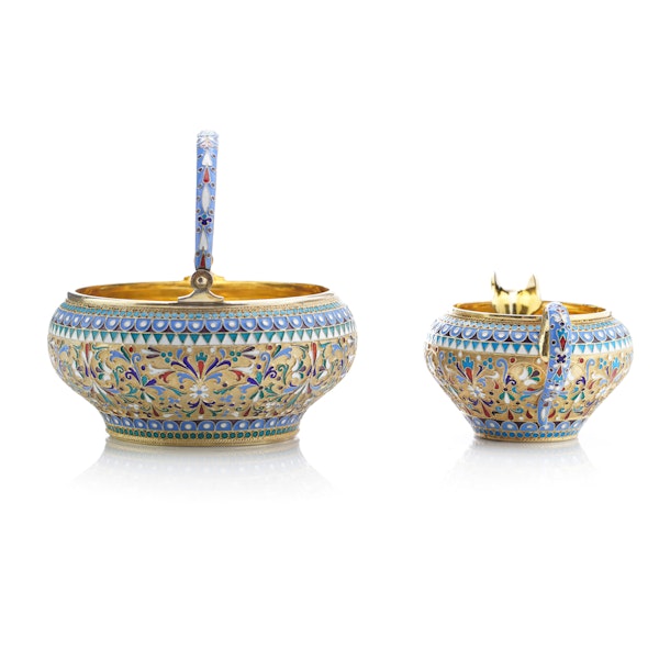 Russian silver gild and cloisonné enamel sugar bowl and cream jug. Moscow 1893-1894, Ivan Saltykov. - image 2