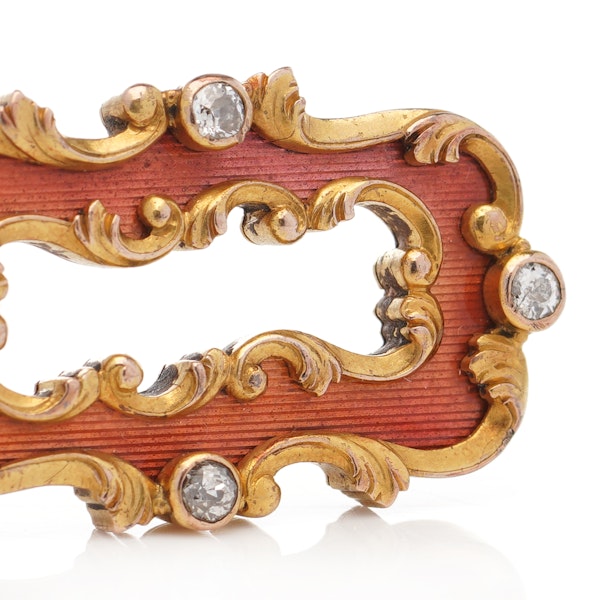 Russian Faberge gold, diamonds and guilloché enamel brooch by Oscar Phil, St Petersburg, circa 1890. - image 4