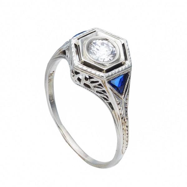 A Deco Hexagonal Diamond Sapphire Ring - image 2