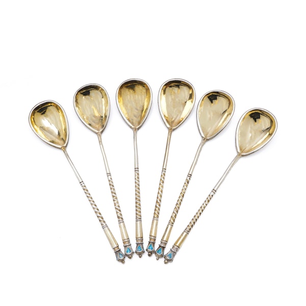 Russian silver cloisonné enamel set of six coffee spoons, Ivan Yashin, Moscow c.1900 - image 3