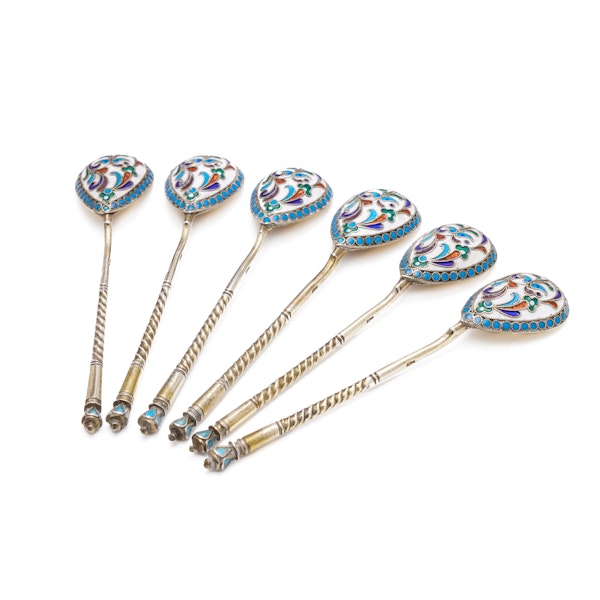 Russian silver cloisonné enamel set of six coffee spoons, Ivan Yashin, Moscow c.1900 - image 2