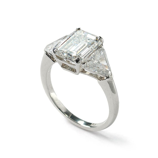 Modern Emerald Cut Diamond And White Gold Three Stone Ring, 3.15 Carats - image 3