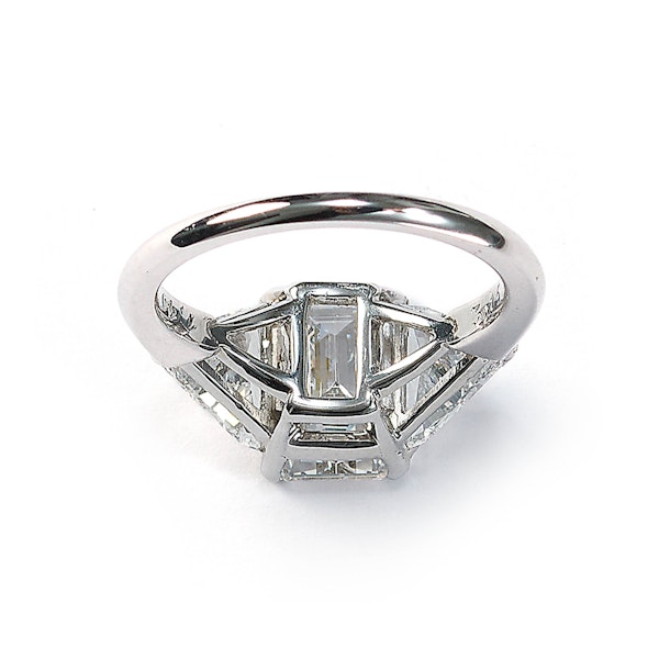 Modern Emerald Cut Diamond And White Gold Three Stone Ring, 3.15 Carats - image 4