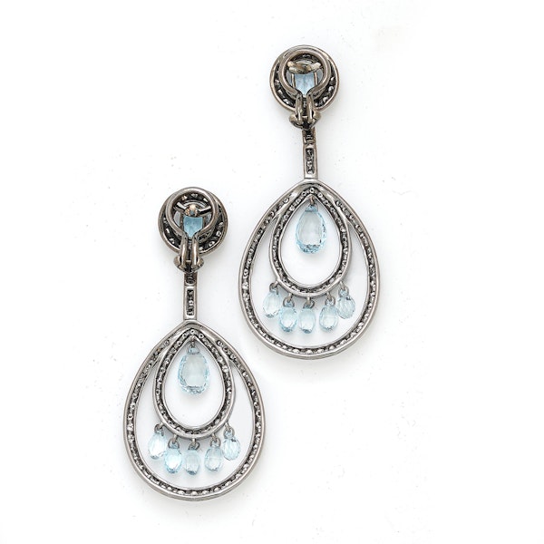 Modern Blue Topaz, Briolette Diamond And Oxidised Gold Drop Earrings - image 3