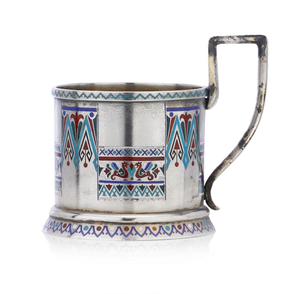 Antique Russian Sliver and Champlevé enamel tea glass holder St Petersburg, Sergei Kuyetkovsky - image 4