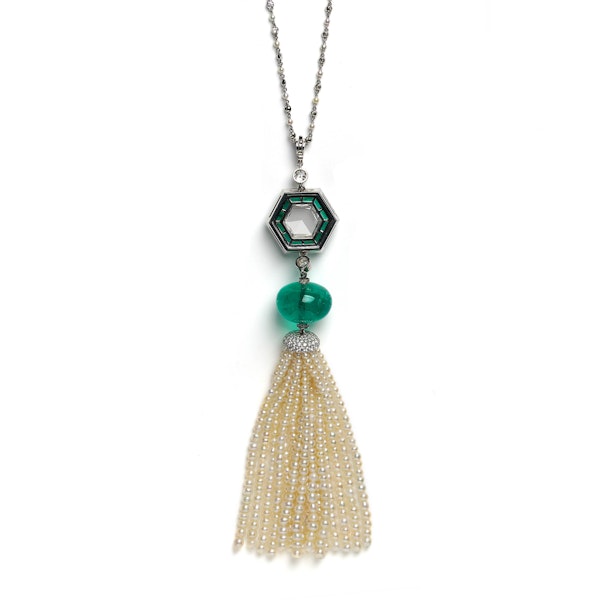 Emerald, Pearl, Diamond and Platinum Tassel Pendant Necklace - image 2