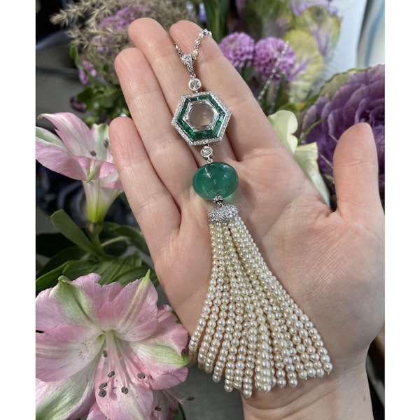 Emerald, Pearl, Diamond and Platinum Tassel Pendant Necklace - image 4