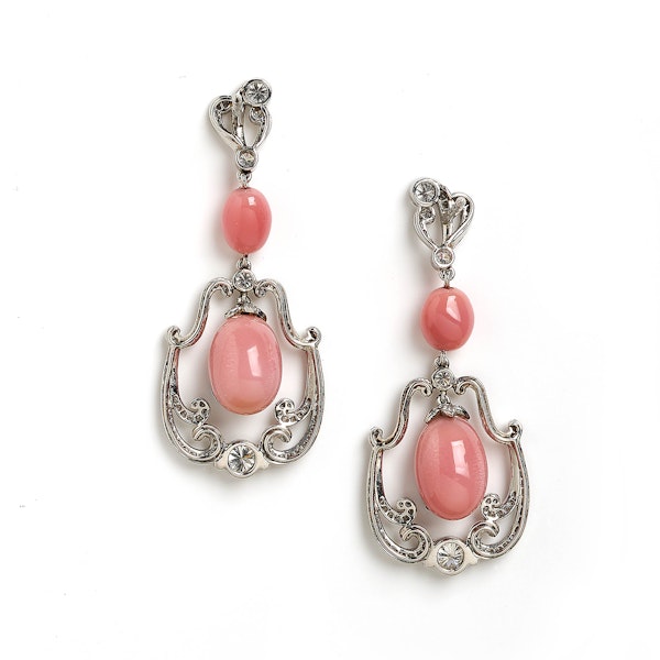 Conch Pearl, Diamond and Platinum Drop Earrings - image 3