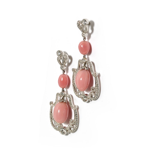 Conch Pearl, Diamond and Platinum Drop Earrings - image 2