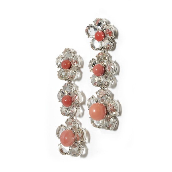 Conch Pearl, Rose Cut Diamond and Platinum Flower Drop Earrings - image 2