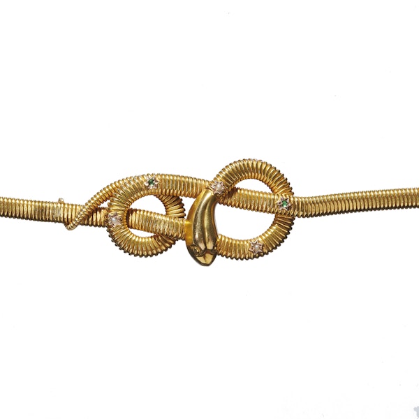 Mid 20th Century Italian Pearl Emerald and Gold Gaspipe Snake Bracelet, Circa 1940 - image 3