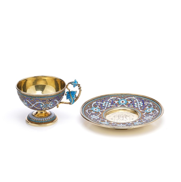 Russian sliver guild and Cloisonné Enamel Cup and Saucer, Moscow 1890 by Gustov Klingert - image 2