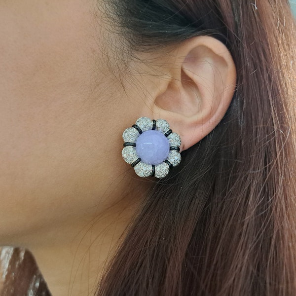 Lavender Jade, Black Onyx, Diamond and Platinum Flower Earrings - image 4