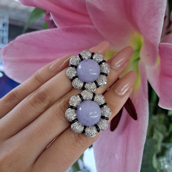 Lavender Jade, Black Onyx, Diamond and Platinum Flower Earrings - image 5