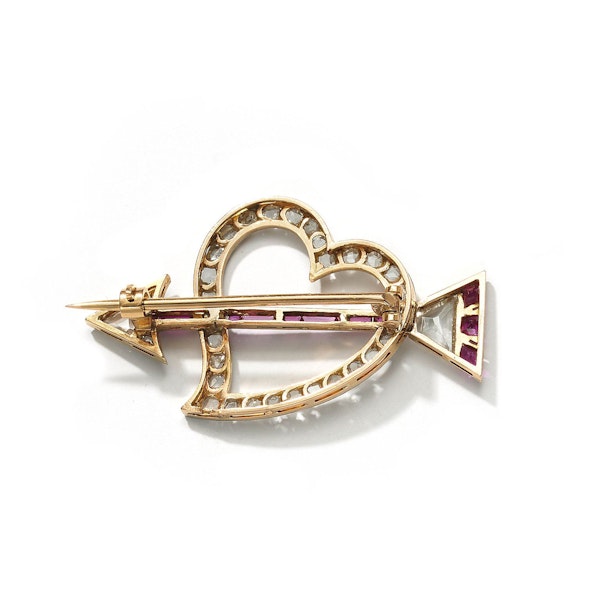 Antique Portuguese Diamond And Ruby Heart And Arrow Brooch, Circa 1930 - image 3