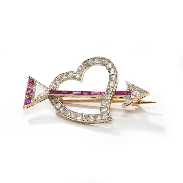 Antique Portuguese Diamond And Ruby Heart And Arrow Brooch, Circa 1930 - image 2