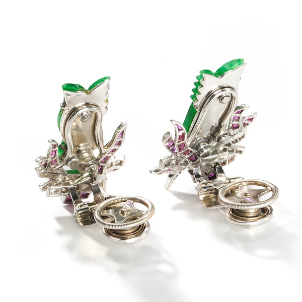 Art Deco Jade, Ruby, Diamond And Platinum Phoenix Earrings, Circa 1920 - image 3