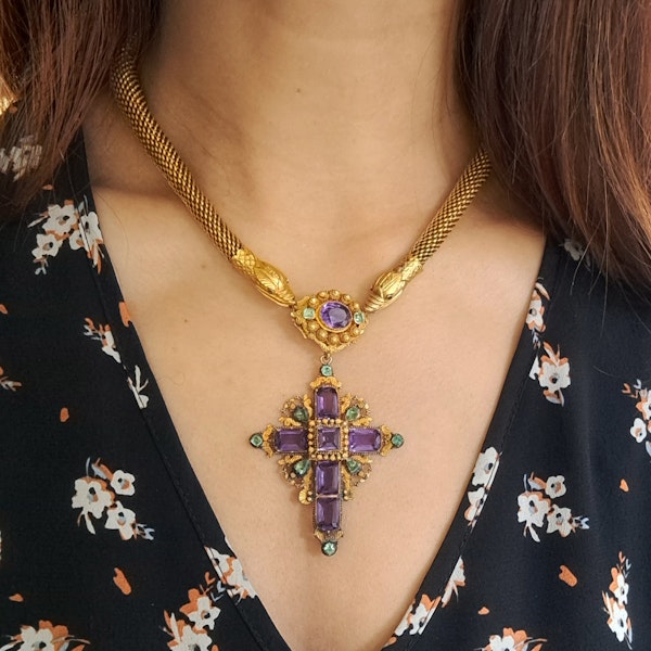 Georgian Cannetille Gold Snake Necklace With Amethyst And Emerald Cross Pendant, Circa 1830 - image 5