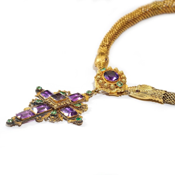 Georgian Cannetille Gold Snake Necklace With Amethyst And Emerald Cross Pendant, Circa 1830 - image 2