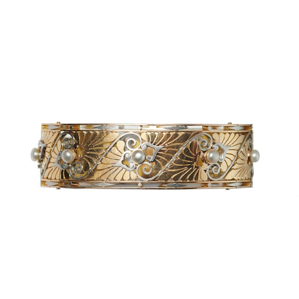 Art Nouveau French Pearl, Gold and Platinum Bangle, Circa 1900 - image 4