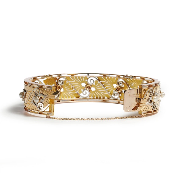 Art Nouveau French Pearl, Gold and Platinum Bangle, Circa 1900 - image 3