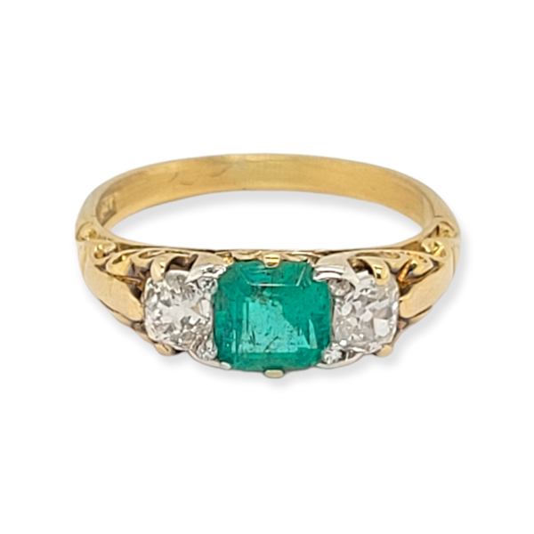 Antique emerald and diamond carved half hoop engagement ring SKU: 6178 DBGEMS - image 2